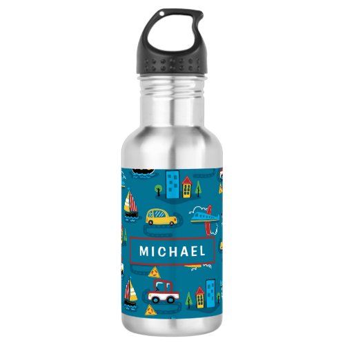 Cute Planes Boats Cars Kids Boys Personalized Name Stainless Steel Water Bottle