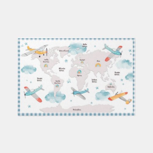 Cute Planes Clouds Rainbows World Map Play Nursery Rug