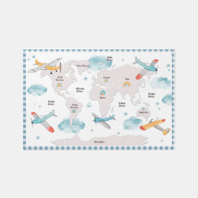 Cute Planes Clouds Rainbows World Map Play Nursery Rug (Front)