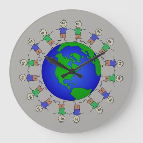 Cute Planet Earth Stick Figures around Globe Large Clock