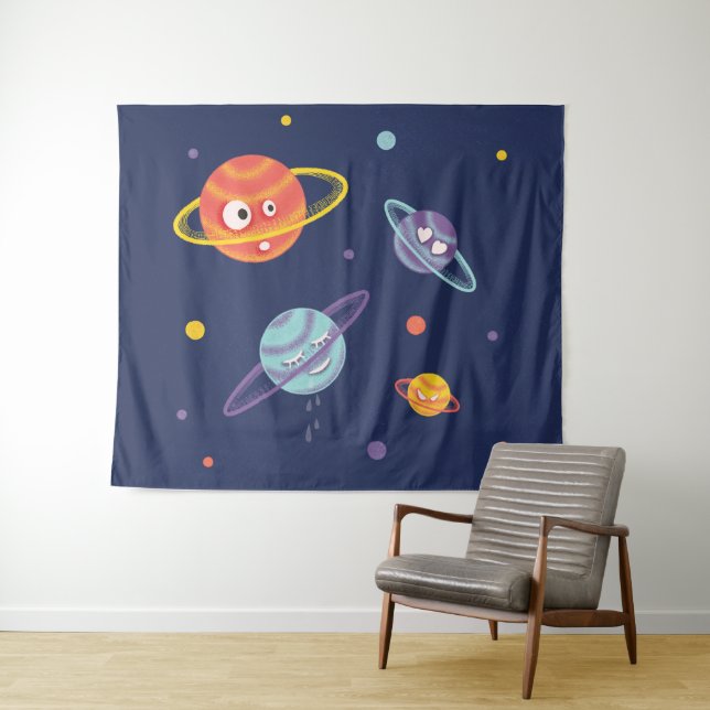 Cute Planets Cartoon Space Art Kids Tapestry (In Situ (Horizontal))