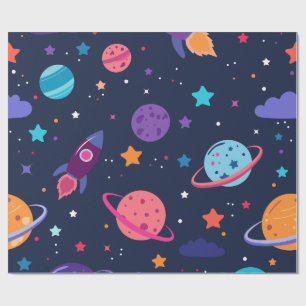Cute Planets Rocket Stars Kids Birthday  Wrapping Paper