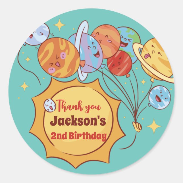 Cute Planets Sun Galaxy Kids Birthday Party Classic Round Sticker (Front)