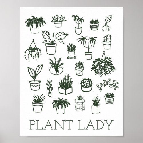 Cute Plant Lady Houseplant Illustration in Green Poster