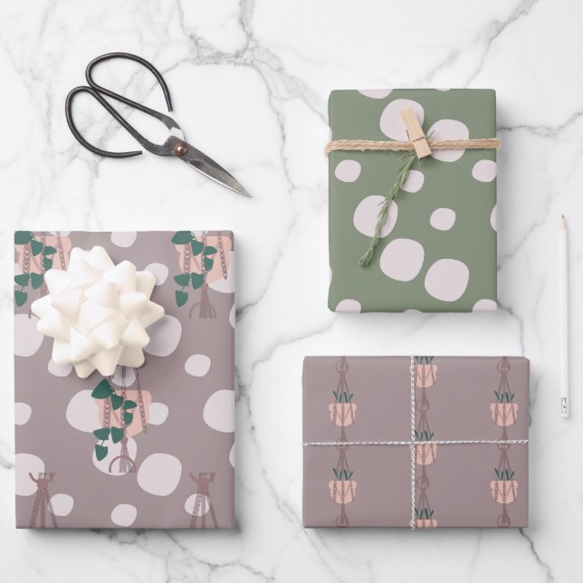 Cute Plant Macrame Scattered Dot Greenery Pattern Wrapping Paper Sheets (Front)