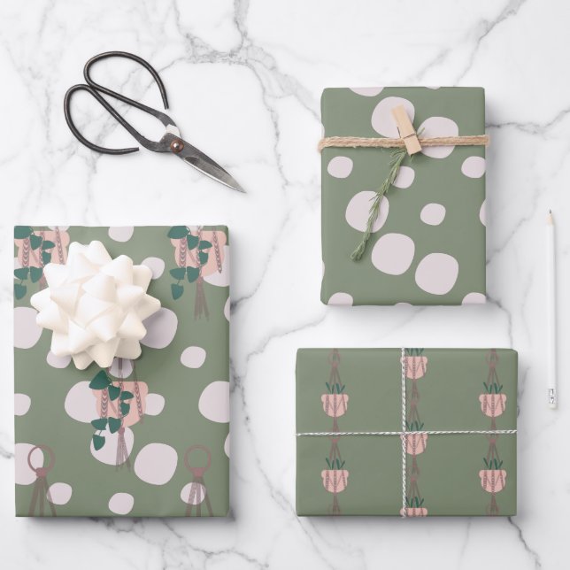 Cute Plant Macrame Scattered Dot Pattern Wrapping Paper Sheets (Front)
