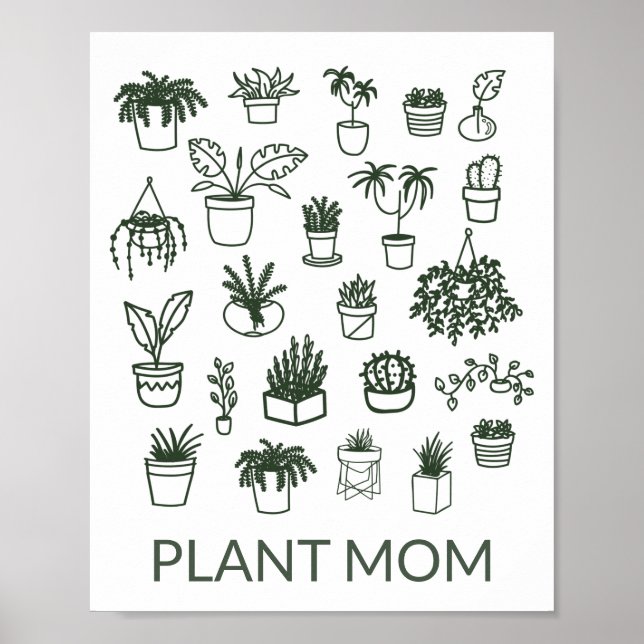 Cute Plant Mom Houseplant Illustration in Green Poster (Front)