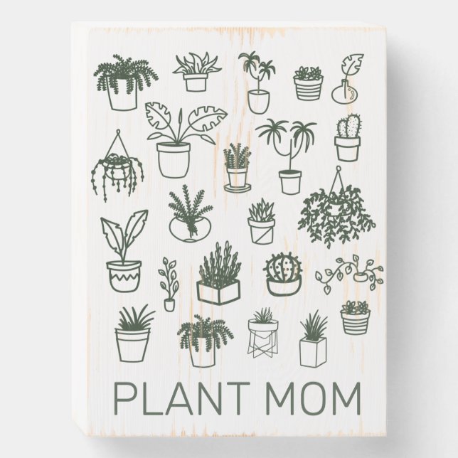 Cute Plant Mom Houseplant Illustration in Green Wooden Box Sign (Front Vertical)