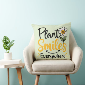 Cute Plant Smiles Everywhere Retro Smiley Daisy Throw Pillow