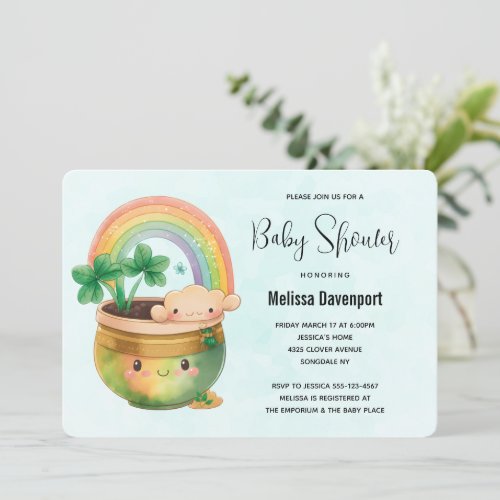 Cute Planter with Rainbow  Clover Baby Shower Invitation