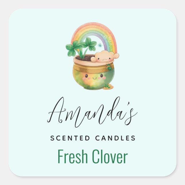 Cute Planter with Rainbow & Clover Candle Biz Square Sticker (Front)
