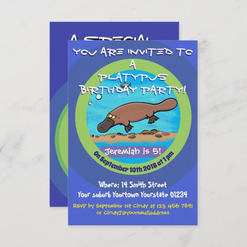 Cute platypus cartoon 5 years birthday invitation
