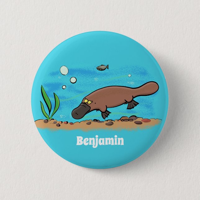 Cute platypus swimming cartoon button (Front)