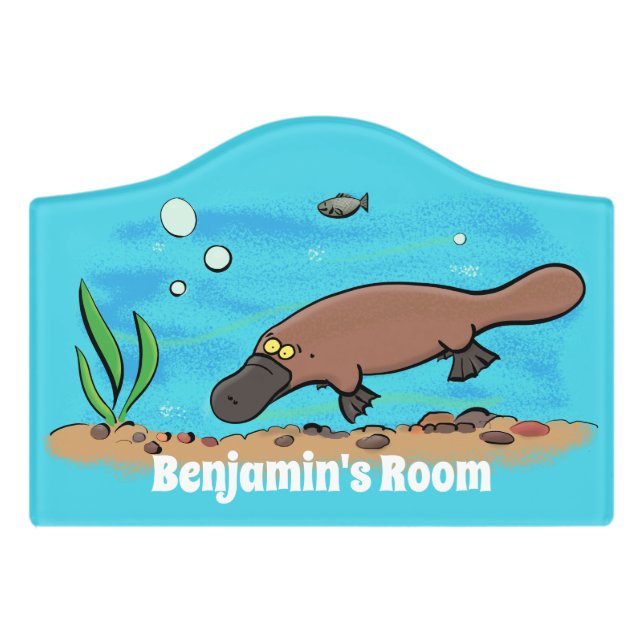 Cute platypus swimming cartoon door sign (Small Crest Front)