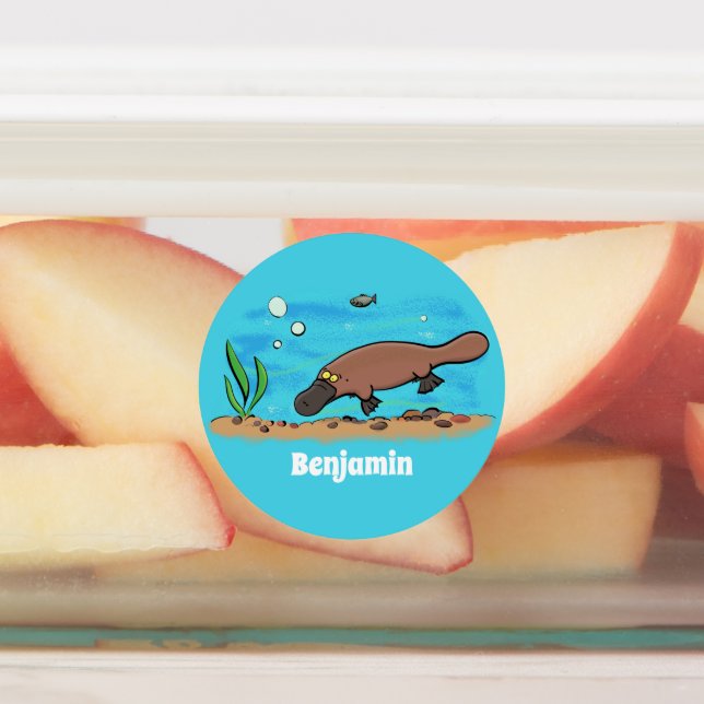 Cute platypus swimming cartoon labels (Affixed)