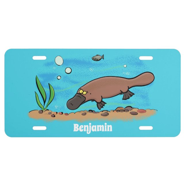 Cute platypus swimming cartoon license plate (Front)