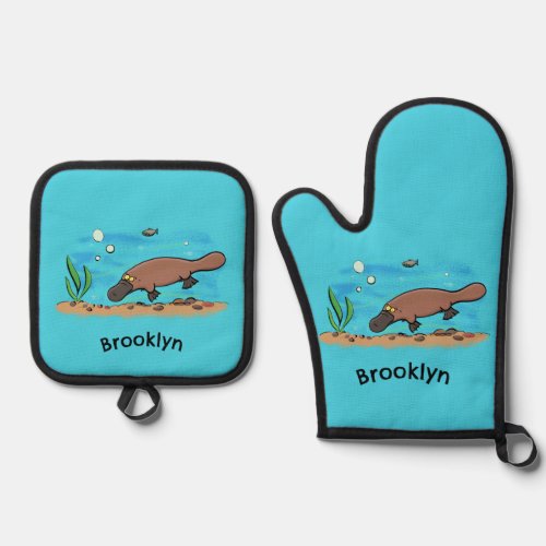 Cute platypus swimming cartoon oven mitt  pot holder set