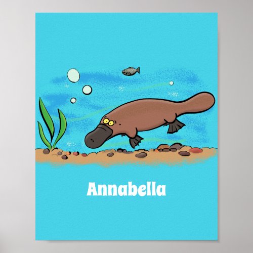 Cute platypus swimming cartoon poster