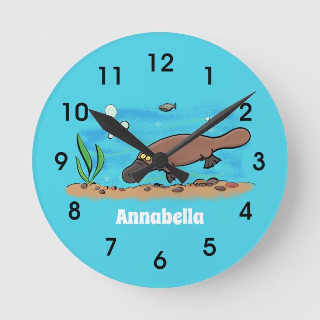 Cute platypus swimming cartoon round clock (Front)