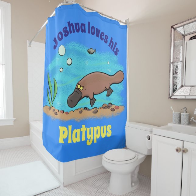 Cute platypus swimming cartoon shower curtain (In Situ)