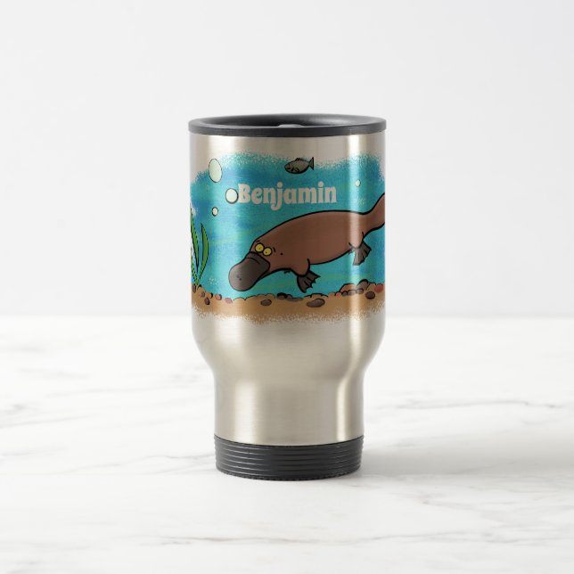 Cute platypus swimming cartoon travel mug (Center)