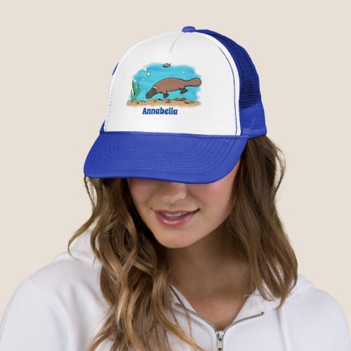 Cute platypus swimming cartoon trucker hat