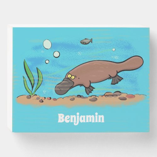Cute platypus swimming cartoon wooden box sign