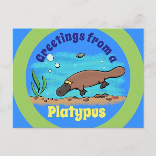 Cute platypus underwater cartoon postcard