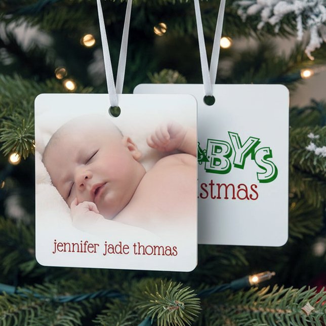 Cute Playful Baby's Photo First Christmas Tree Metal Ornament (Baby's First Christmas Ornament Cover Photo)