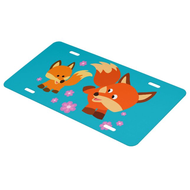 Cute Playful Cartoon Foxes License Plate Cover (Side)