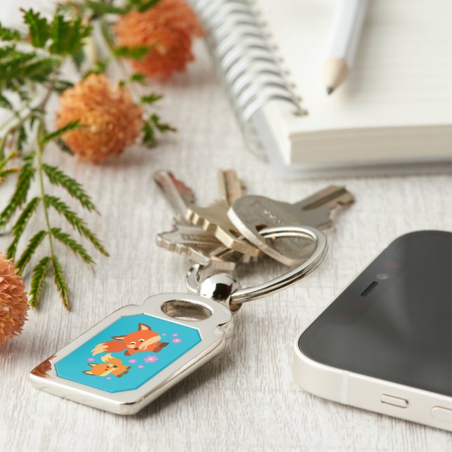Cute Playful Cartoon Foxes Metal Keychain (Side)