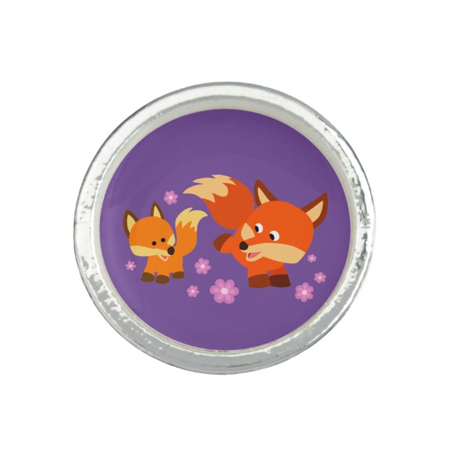 Cute Playful Cartoon Foxes Ring (Front)