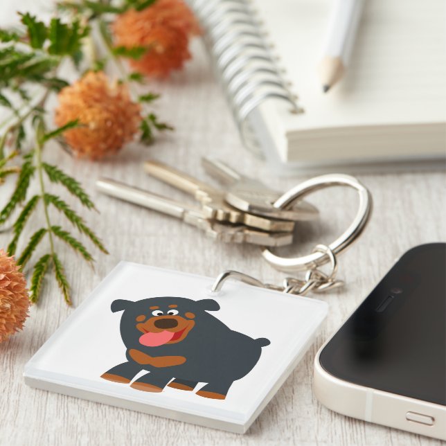 Cute Playful Cartoon Rottweiler Acrylic Keychain (Front Right)