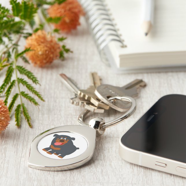 Cute Playful Cartoon Rottweiler Metal Keychain (Side)
