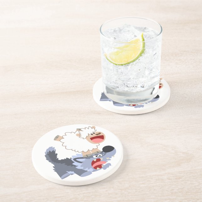 Cute Playful Cartoon Sheep and Wolf Coaster (Side)
