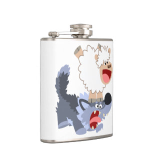 Cute Playful Cartoon Sheep and Wolf Hip Flask