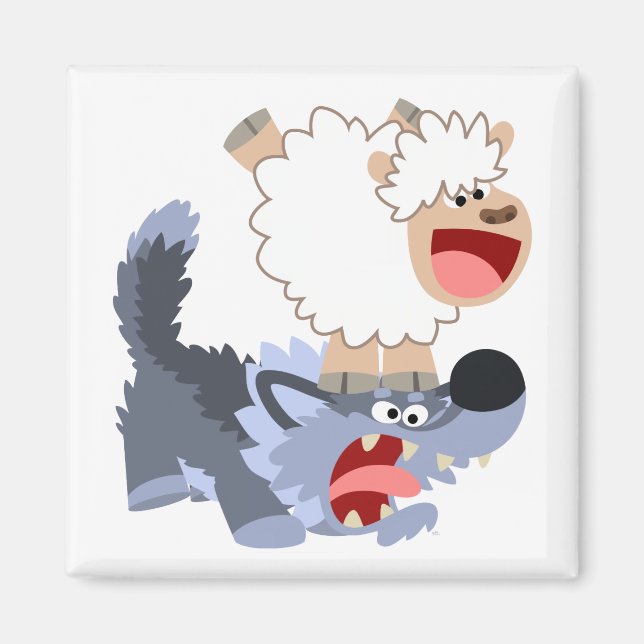 Cute Playful Cartoon Sheep and Wolf Magnet (Front)