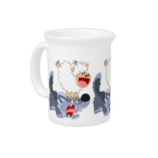 Cute Playful Cartoon Sheep and Wolf Pitcher