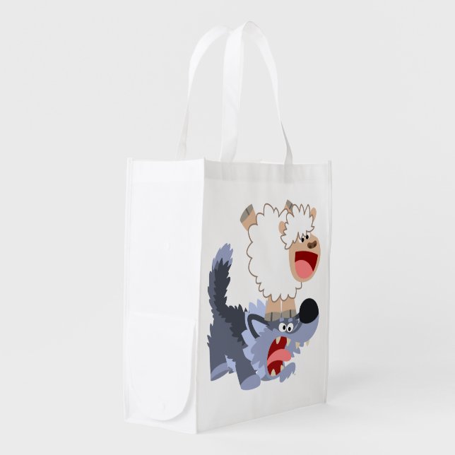 Cute Playful Cartoon Sheep and Wolf Reusable Bag (Front Side)