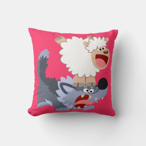 Cute Playful Cartoon Sheep and Wolf Throw Pillow