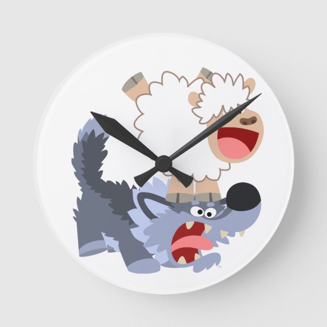 Cute Playful Cartoon Sheep and Wolf Wall Clock (Front)