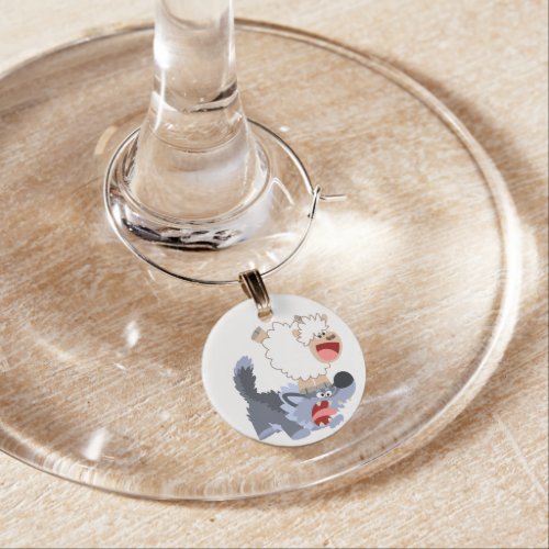 Cute Playful Cartoon Sheep and Wolf Wine Charm