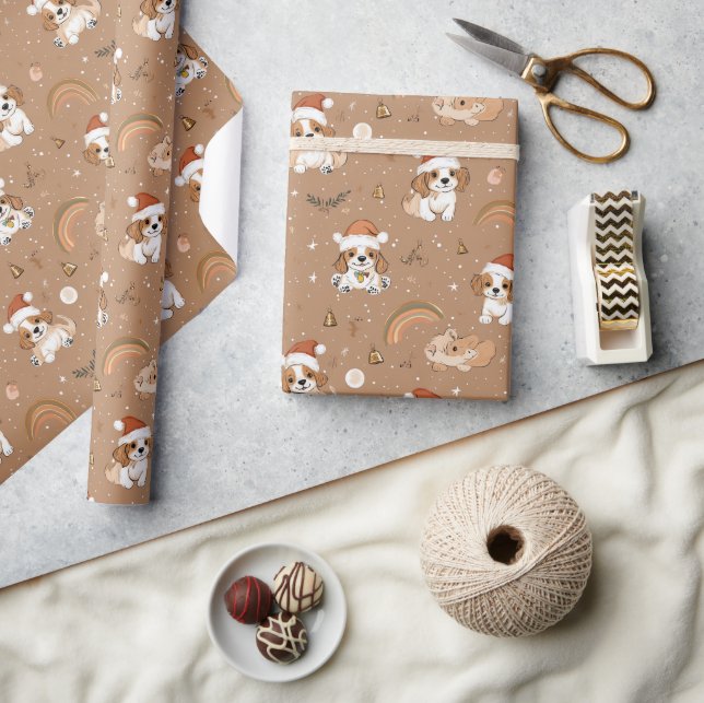 Cute Playful Dog and Snowflakes beige Christmas Wrapping Paper (Crafts)