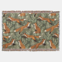 Cute Playful Foxes in Red Brown on Olive Green