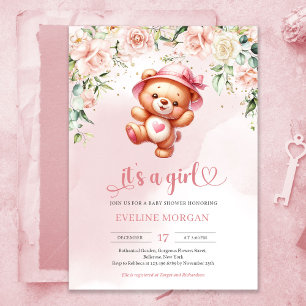 Cute playful girl teddy bear in floral baby shower invitation