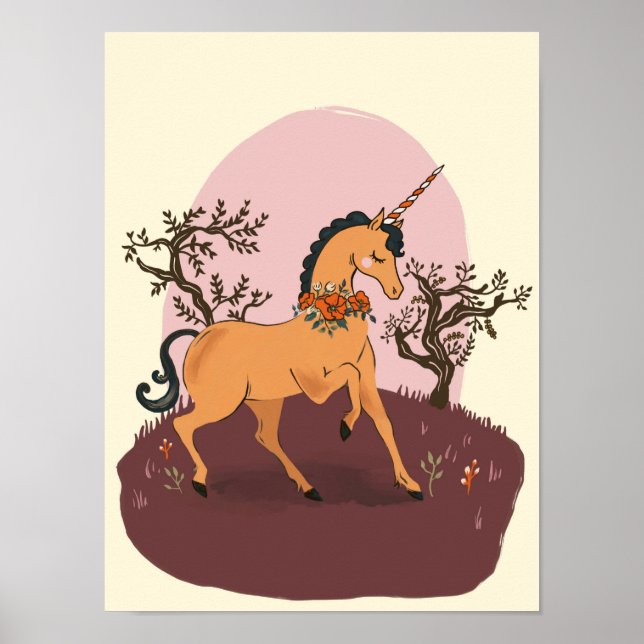 Cute & Playful Gold Unicorn Prancing Kids Art Poster (Front)