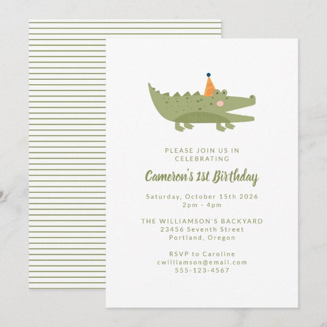 Cute Playful Green Crocodile 1st Birthday Invitation (Front/Back)