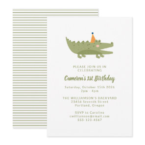 Cute Playful Green Crocodile 1st Birthday Invitation