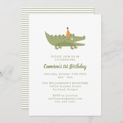 Cute Playful Green Crocodile 1st Birthday Invitation