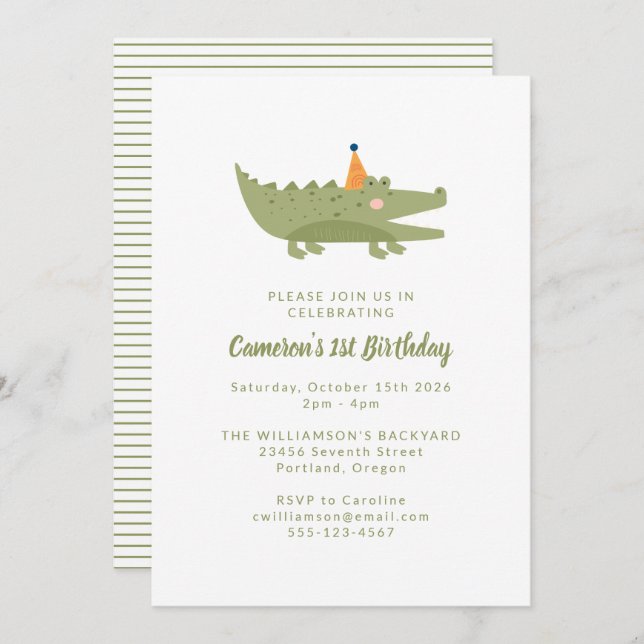 Cute Playful Green Crocodile 1st Birthday Invitation (Front/Back)